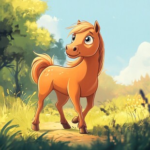 可爱小马漫步绿意盎然草地