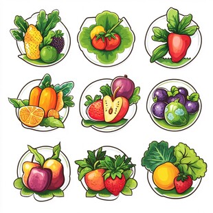 手绘多彩蔬菜水果图标集
