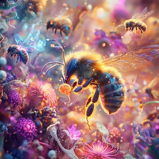 梦幻花丛中的忙碌蜜蜂