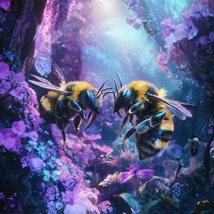 梦幻花丛中的蜜蜂互动
