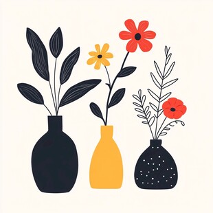 三花瓶插多彩花卉插画