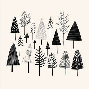 黑白手绘风格的多样树木