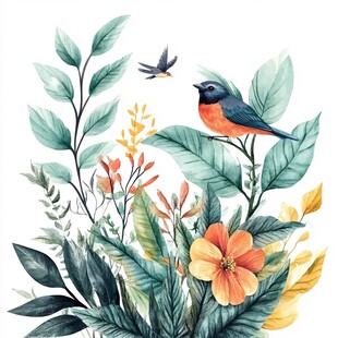 花鸟绘景 自然清新水彩画