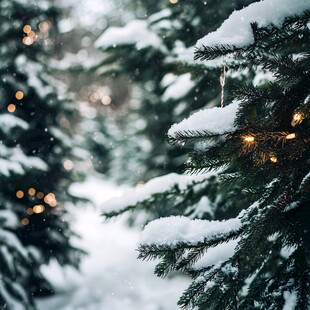雪覆松枝间的温馨圣诞灯