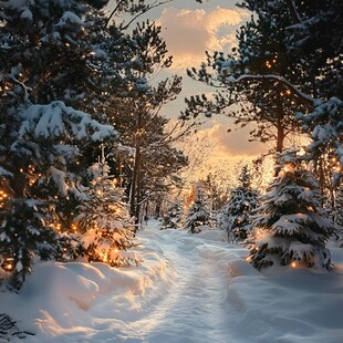 冬日雪林里的温馨灯光小道