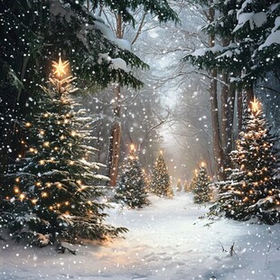 冬日雪林里的梦幻圣诞树