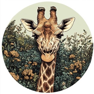 长颈鹿于繁茂绿植间的特写