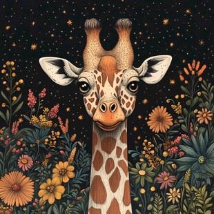 星夜花丛中的可爱长颈鹿