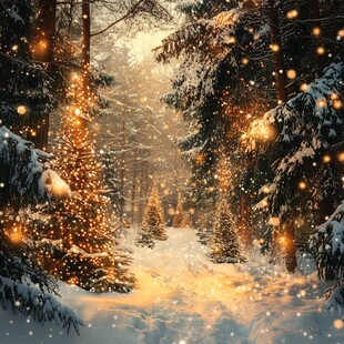 梦幻冬日雪林的璀璨灯光