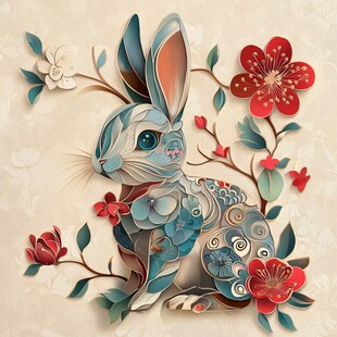 剪纸风蓝兔伴繁花