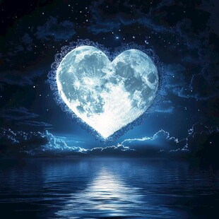 心形明月映于静谧湖面