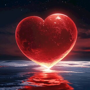 心形红月映于海面夜景