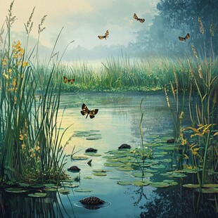 湖畔蝶舞 湿地清晨诗意景象