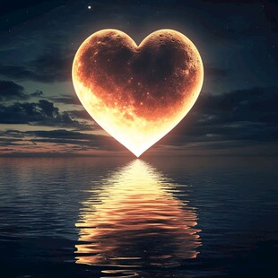 心形月亮映于海面夜景