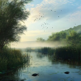 河畔晨景 龟游鸟飞雾霭中