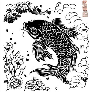 水墨锦鲤伴繁花云纹图