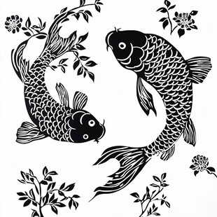双锦鲤与花卉图案设计