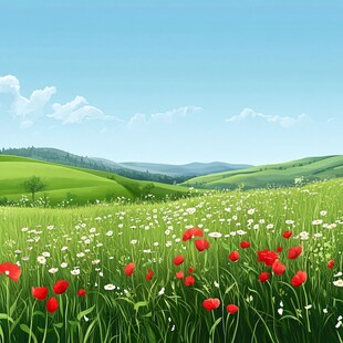 春日花海中的绿色田园风光