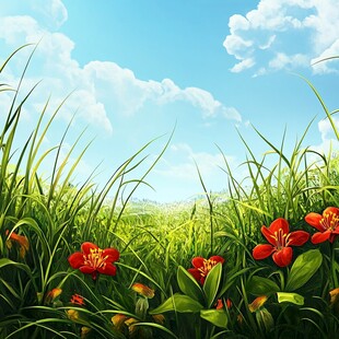 绿野红花间的蓝天美景