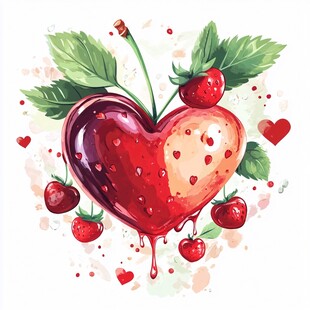 心形草莓樱桃水彩插画