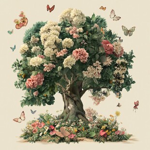 繁花树间蝶舞的梦幻景象