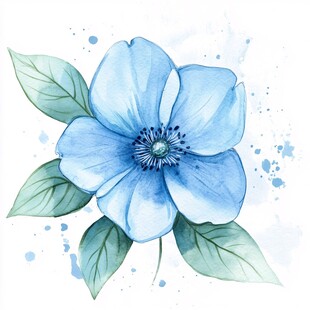 蓝色水彩风花朵插画