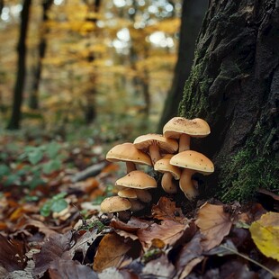 秋日树下的簇生蘑菇