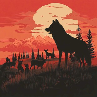 夕阳下的狼群与壮丽山景