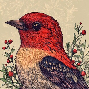 红羽鸟与浆果的美妙画面