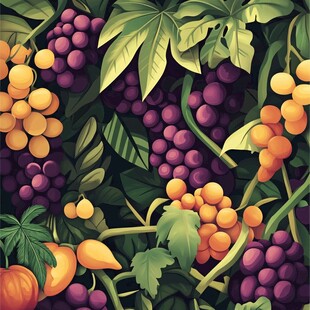 葡萄藤蔓间的多彩果实