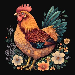 多彩公鸡与繁花装饰画
