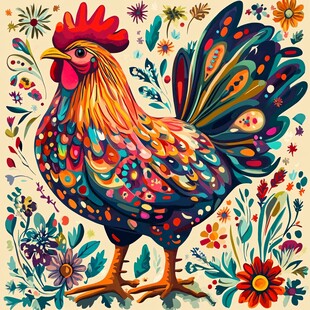 多彩公鸡与繁花装饰画