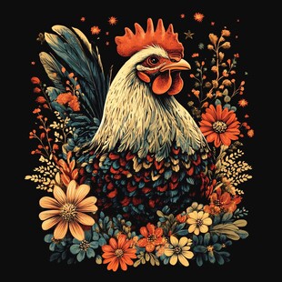 花卉环绕的绚丽公鸡插画