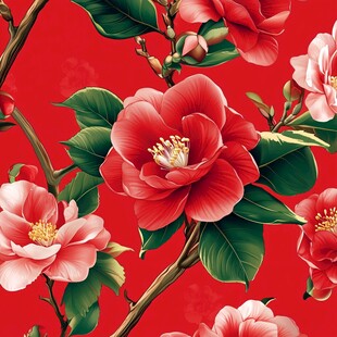 红底娇艳山茶花图案