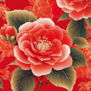 艳丽红牡丹喜庆花卉图案
