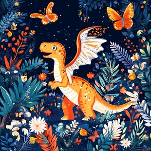 奇幻森林中的翼龙与蝴蝶