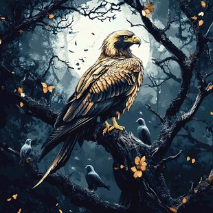 月夜下的雄鹰与群鸟