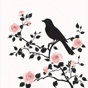 枝头黑鸟伴粉玫