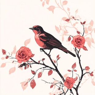 枝头栖鸟伴玫瑰