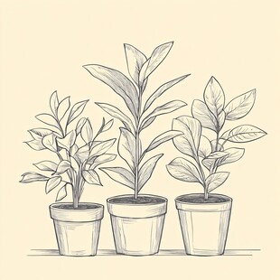 三盆绿植手绘线稿图