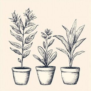 三盆植物的手绘插画