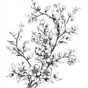 手绘花卉枝蔓黑白插画