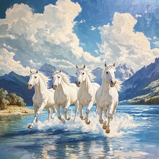 四匹白马奔腾于山水间