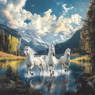 三匹白马驰骋山水间