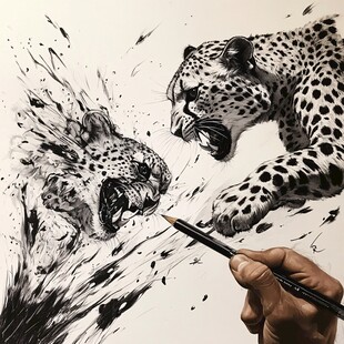 笔触下的双豹对峙瞬间