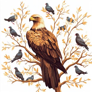 鹰立枝头与群鸟相伴