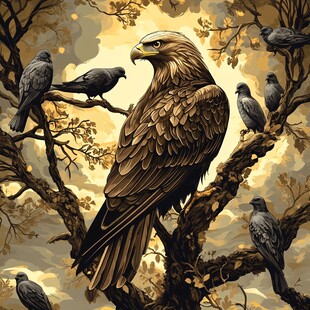 枝头雄鹰与群鸟的静谧画面