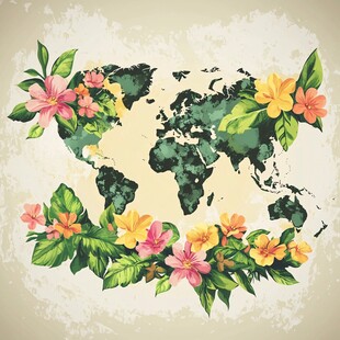 花卉环绕的世界地图插画