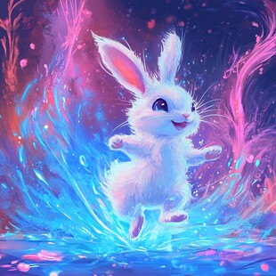 梦幻白兔在绚烂光影中跃动