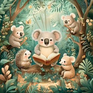 考拉与伙伴在森林中阅读